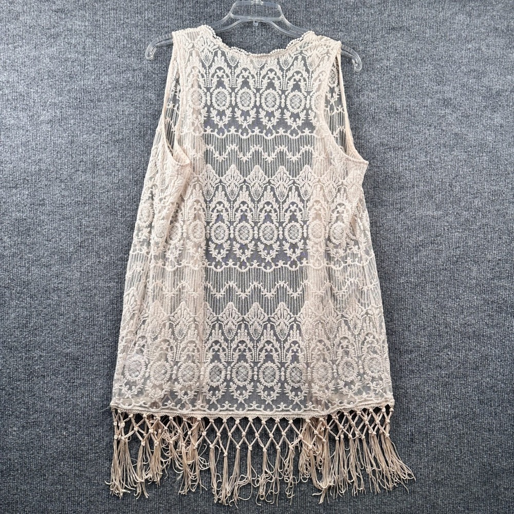 Say What? Women XL Beige Floral Lace Open Front Vest Macrame Fringe Boho Layer - Picture 3 of 9